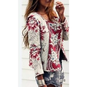 ZARA TRAFALUC BLAZER PRINTED FLORAL Zip QUILTED CARDIGAN WHITE RED JACKET COAT S